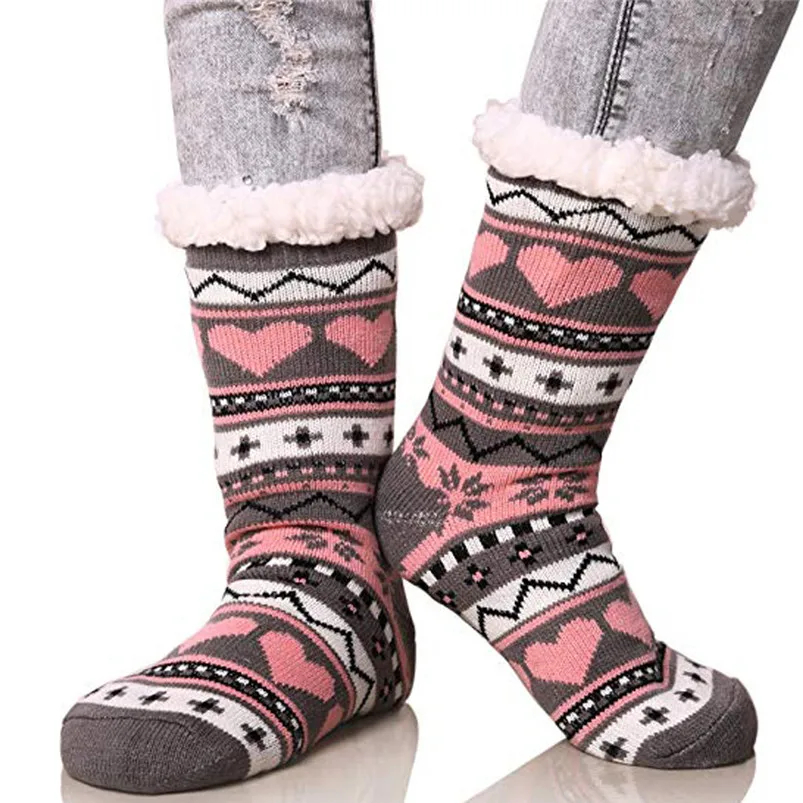 New arrival Women's Winter Super Soft Warm Cozy Fuzzy Fleece-lined Heart Pattern With Gripp winter socks D17 (1)