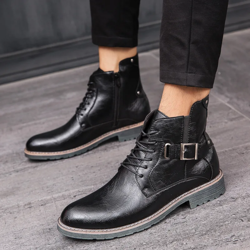 

Autumn Winter Fashion Men Boots Vintage Style Casual Men Shoes Lace-Up Warm Plush Waterproof Motorcycle Boots Cowboy Boots