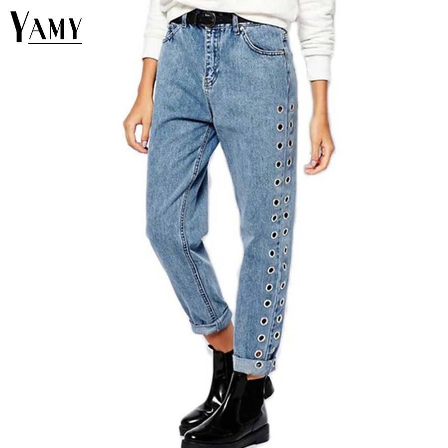 Spring Vintage Casual Loose Boyfriend Jeans For Women High Waist Jeans Rivet Eyelet Denim Mom Jeans Bottoms