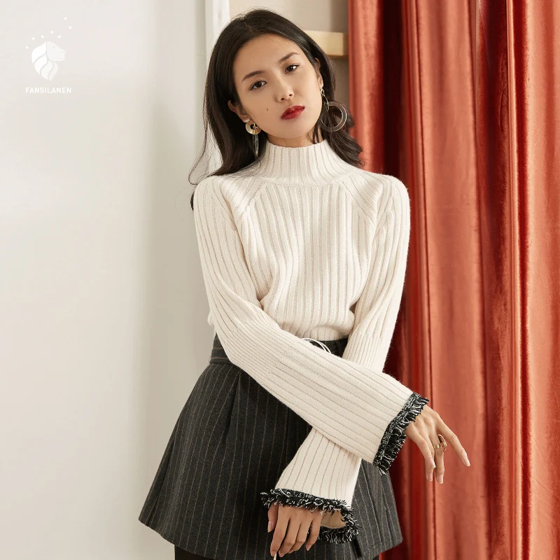 FANSILANEN 2017 Fashion New Arrival Autumn/Winter Novelty Women Solid Beige Flare Sleeve Sweater And Pullovers Z72166