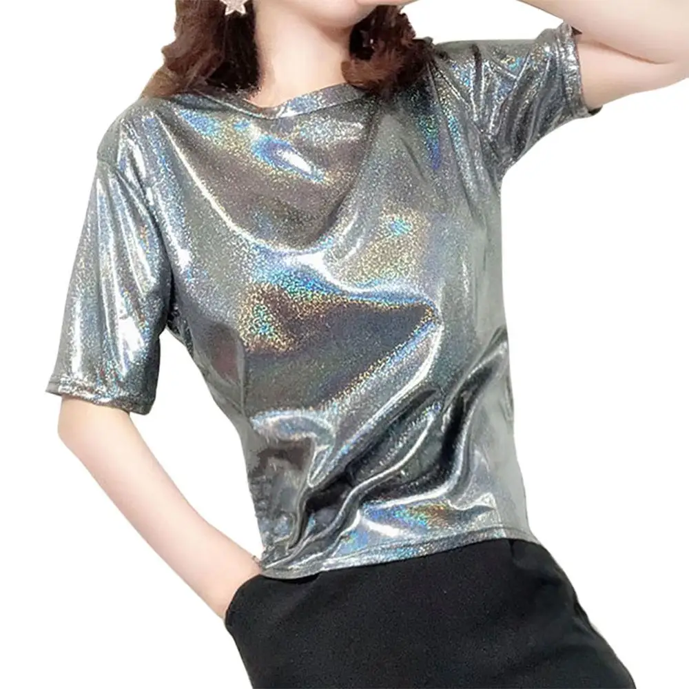 

Summer Retro Style Stylish Bright Silk Woman Tops Shiny Loose Short Sleeve T-Shirt Sexy Club Aesthetic Harajuku Women Tshirt