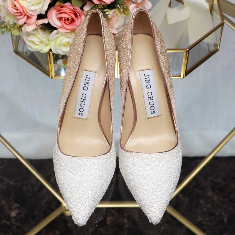 

Brand luxury fashion woman shoes 2018 white gold gradient sequins high-heeled wedding bride banquet women shoes