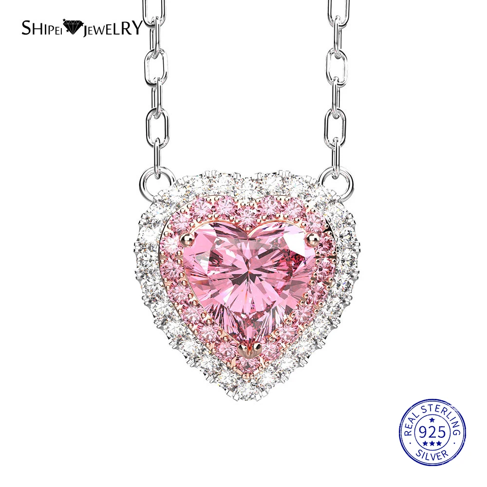 Ожерелье Shipei из стерлингового серебра 925 пробы, ювелирные украшения, розовое сапфировое сердце, кулон, ожерелье для женщин, Подарок на годовщину