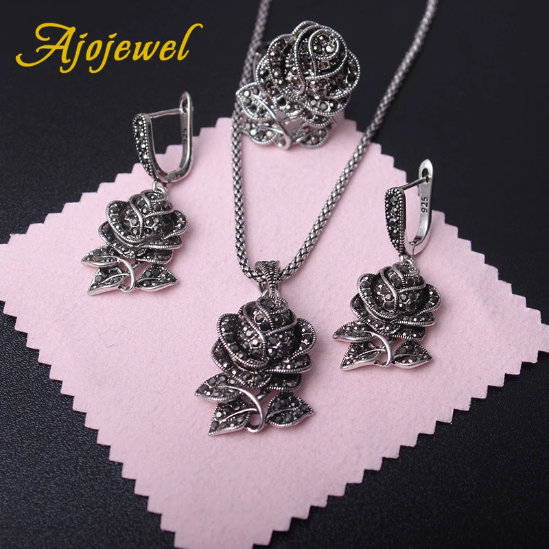 Ajojewel винтажные черные стразы роза цветок ювелирные наборы для женщин ожерелье