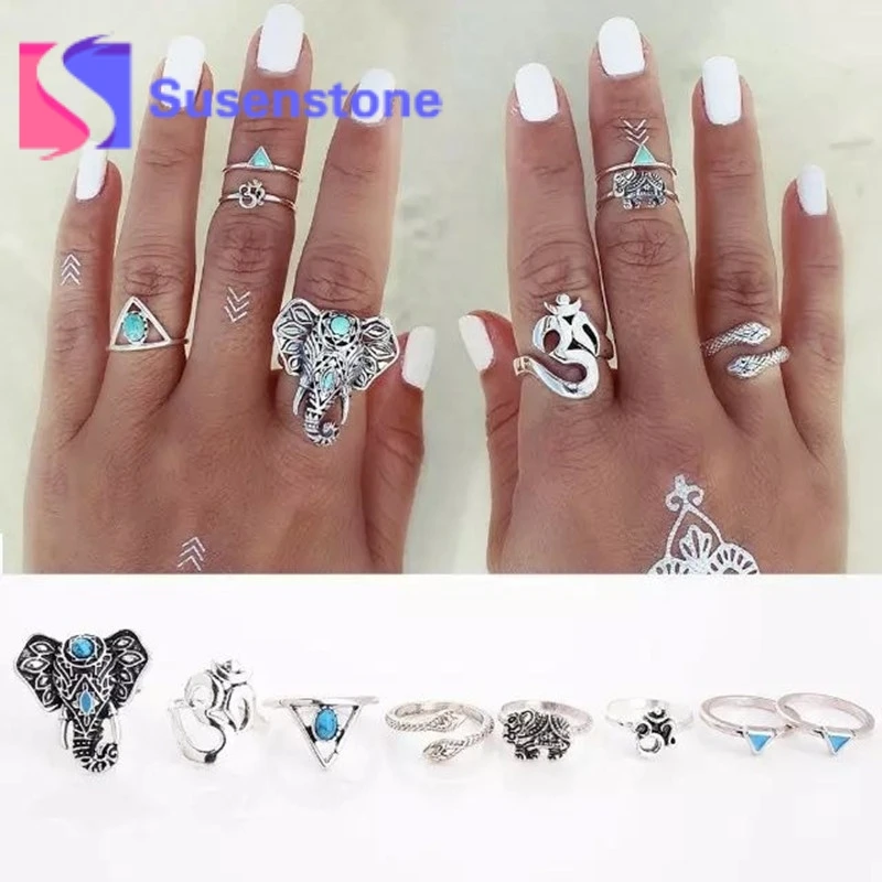 

8PCS/Set Bohemian Elephant Midi Ring Set Retro Silver Steampunk Moon Animal Knuckle Rings for Women Fashion Jewelry Wholesale