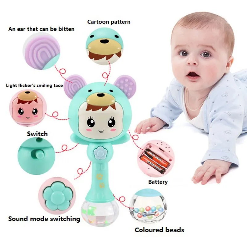 Baby Shaker Teether Sand Hammer Cartoon Teething Illuminant Musical Instrument Toys for Baby Girls and Boys Cute Baby Rattles