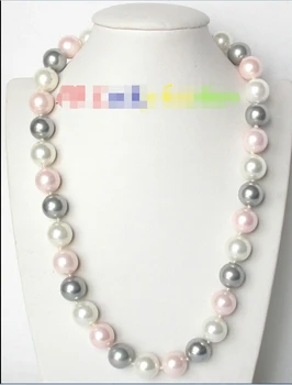 

FREE shipping> >>>12mm round white pink Gray Multi-color south sea shell pearls necklace J8153
