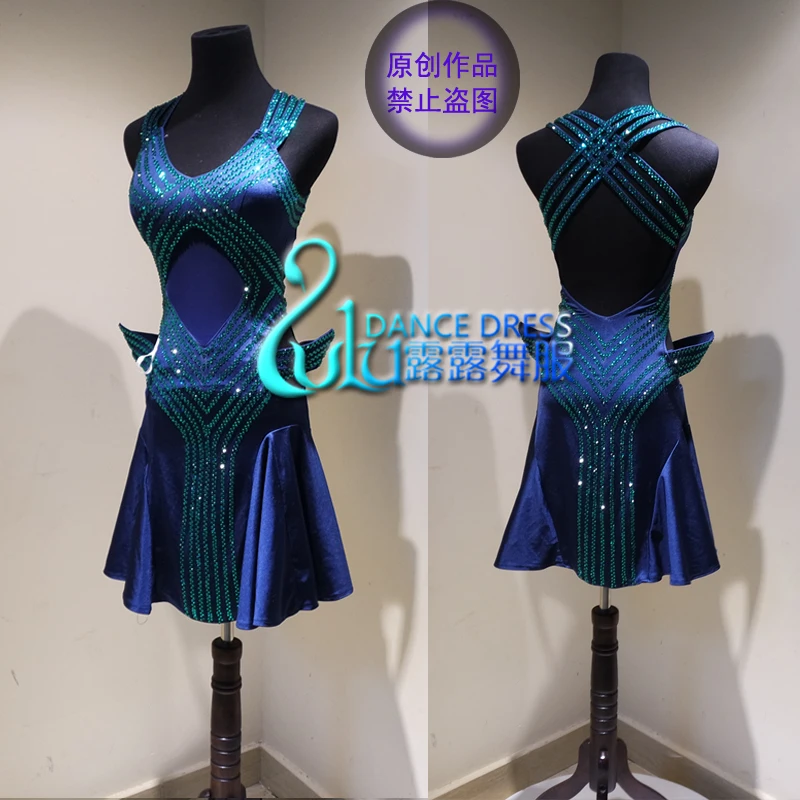 Темно-синее платье для латинских бальных танцев, платье для латинских танцев, платье для латинских танцев, бальное платье для латинских танцев