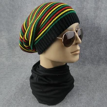 Радужная полоска шерстяная шляпа Женская ямайская помпон мешковатая шапочка в полоску полями осень зима теплый козырек шапка унисекс Harajuku Skullies
