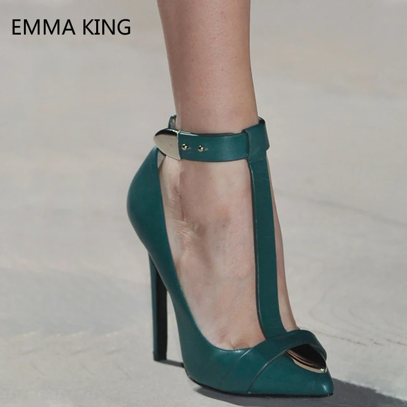 

Women High Heels Pumps Pointed Toe T-type Ankle Buckle Strap Stiletto Heels Chaussures Femme Green Leather Runway Party Shoes