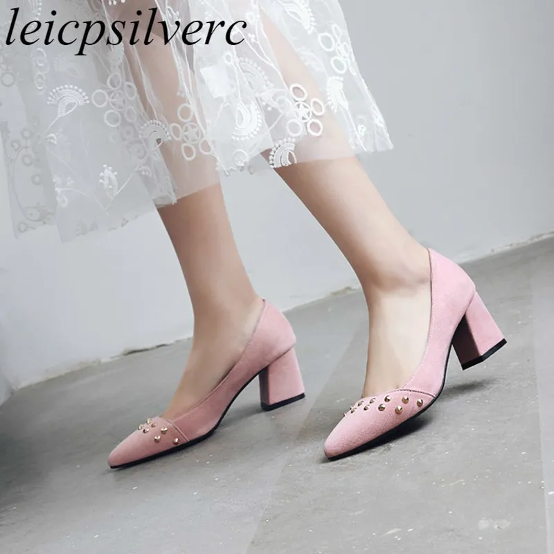 

Women Pumps Shoes High Heel Flock Pointed Toe Rivet Slip on 2018 Spring Autumn New Sweet Fashion Casual Office Dress Black Pink