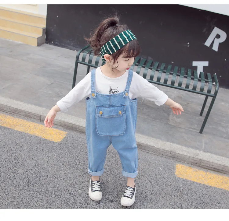 MANJI/комбинезоны для девочек Джинсовая Подвеска для детей от 3 до 7 лет, брюки модный стиль, JS023, детские джинсовые комбинезоны для девочек - Цвет: Синий