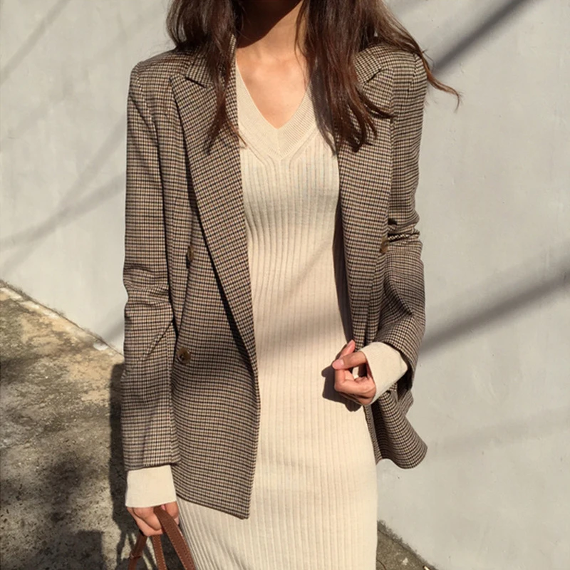 

Blazer women fashion slim plaid long sleeve double-breasted suit temperament ladies jacket 2019 autumn new women's clothing