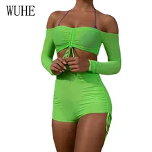 WUHE Sexy Playsuit Neon Green Mesh Party Club Bodycon Overalls Off Shoulder Long Sleeve Two Piece Shorts Rompers Womens Jumpsuit WUHE Sexy Playsuit Neon Green Mesh Party Club Bodycon Overalls Off Shoulder Long Sleeve Two Piece Shorts Rompers Womens Jumpsuit