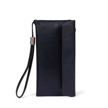 

Designer Women Men Lanyard Wallets Real Cow Genuine Leather Clutch Long Wristlets Purse Zipper Large Card Cellphone Holder Black