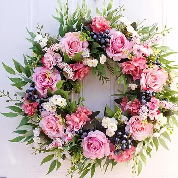 

56cm Artificial Rose Flower Wreath Garden Home Wall Centerpiece Window Front Door Hanging Fake Flower Garland Wedding Decoration