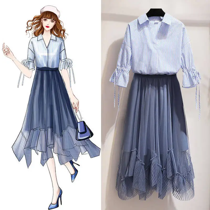 

ICHOIX elegant striped shirt 2 Piece Skirt Set mesh patchwork Long Skirt Tops Summer Sets 2 piece outfits 2xl plus size clothing