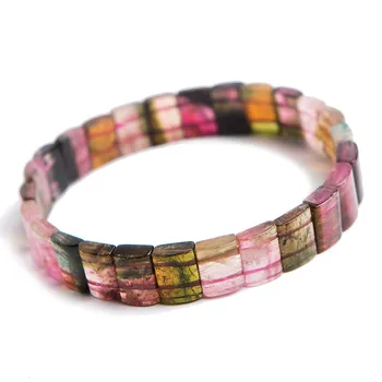 

Genuine Natural Colorful Tourmaline Quartz Crystal Rectangle Beads Stretch Bangle Bracelets For AAAA Lady