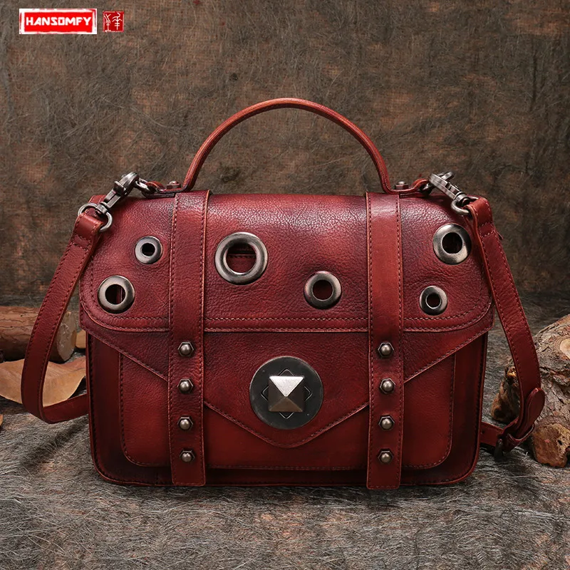 

Vintage original handmade Women handbags suede genuine leather female shoulder bag rivet large capacity portable Messenger bags