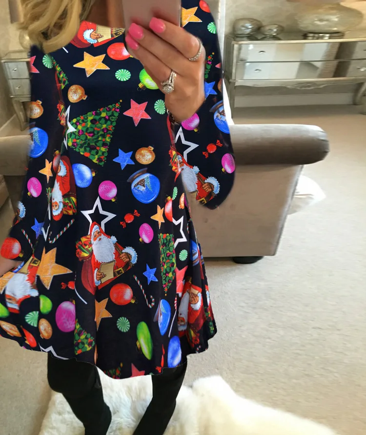 

5XL Plus Size Women Winter Clothing Christmas Dress Santa Claus Star Snow Ball Print Dress Party Long Sleeve O Neck Mini Dresses