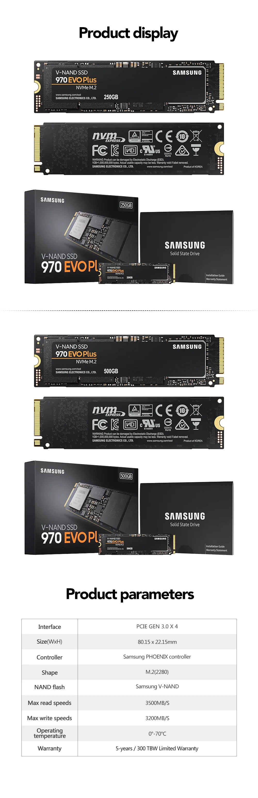 Samsung 970 EVO Plus 250 ГБ 500 ГБ 1 ТБ NVMe SSD M.2 2280 Внутренний твердотельный жесткий диск SSD PCIe 3,0x4, NVMe 1,3 ноутбук SSD