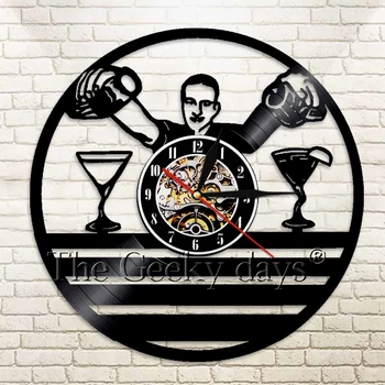 

1Piece Bar Man Design Decorative Vinyl Record Wall Clock Wine Bar Drink Pub Bartender Wall Black Hanging Modern Home Decor Art