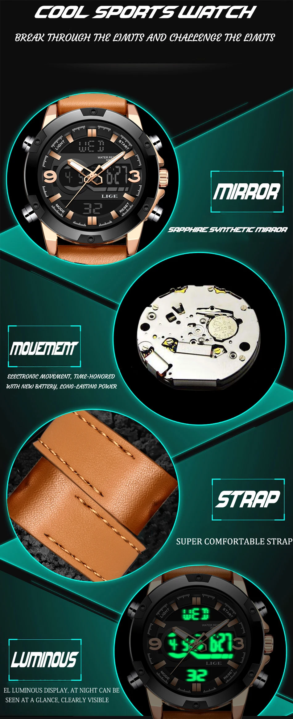 Мужские часы LIGE люксовый бренд Дата Спорт хронограф повседневные кварцевые часы мужские кожаные Аналоговые водонепроницаемые часы Relogio