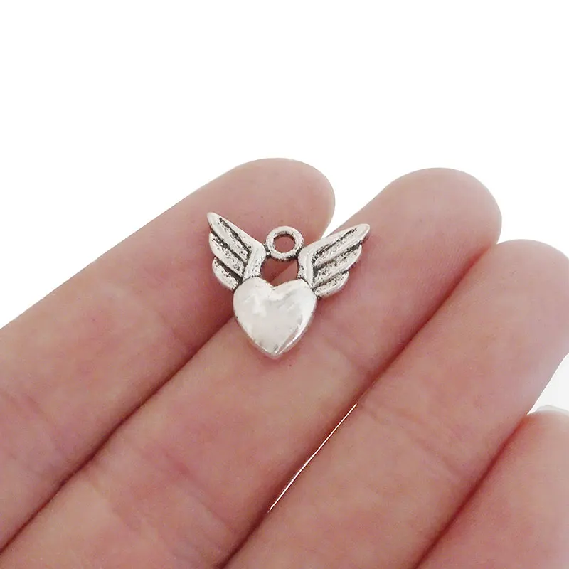 

30 x Antique Silver Tone Angel Wings Love Heart Charms Pendants 2 Sided for Bracelets DIY Jewelry Making Findings 17x15mm