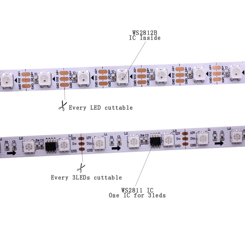 1 м/2 м/3 м/4 м/5 м WS2811S WS2812B 30/60/144 пикселей/светодиодов/м умная светодиодная Пиксельная полоса, черная/белая печатная плата, WS2812 IC, IP30/IP65/IP67 DC5V 12V