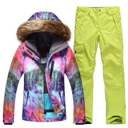 GSOU SNOW Зимний женский лыжный костюм ветрозащитная теплая утолщенная Водонепроницаемая дышащая лыжная куртка+ лыжные штаны - Цвет: one