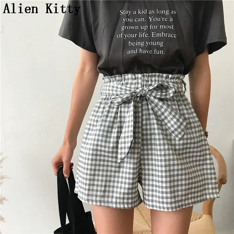 

Alien Kitty Korea Chic 2019 Fashion Summer Plaid Women Bow Elastic Fresh High Waist Women All-match Loose Soft Wide Leg Shorts