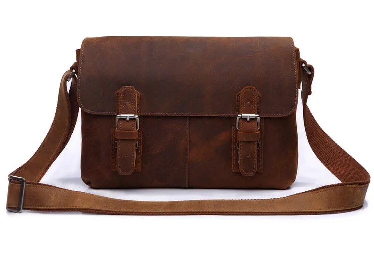 Top Quality Vintage Crazy Horse Leather Men Messenger Bags Genuine Leather Brown Shoulder Crossbody Casual Travel Bags #MD-J6002