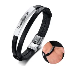 Персонализированные браслеты из натуральной кожи для мужчин и женщин нержавеющая сталь ID Бар Пользовательское имя Дата Регулируемая длина мужской Pulseira