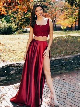 

Burgundy Prom Dresses 2019 Two Pieces Split Lace Top Scoop Lace-Up Back Formal Party Gowns vestidos de fiesta largos elegantes