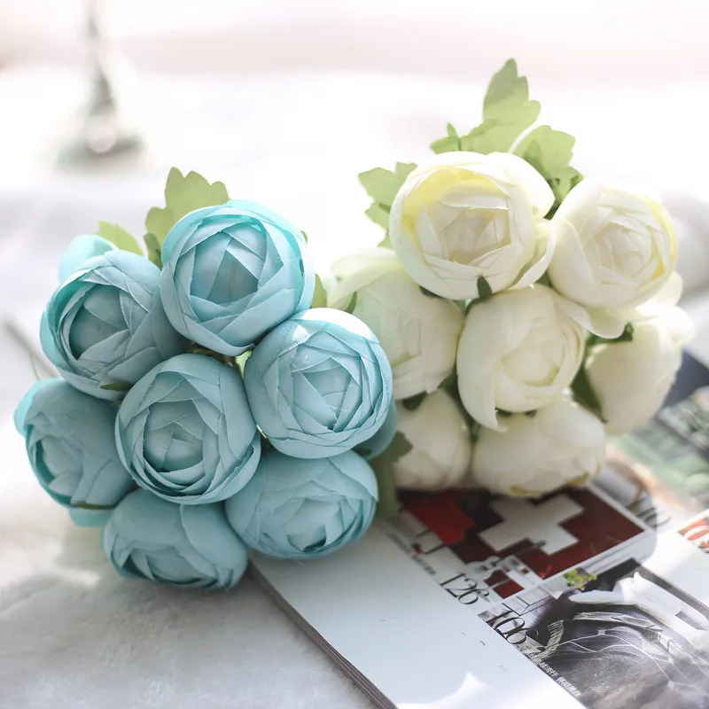 1 Bunch 7 Heads Cheap Artificial Flower High Quality Fake Round Rose Bouquet Flower For Wedding Home Party Decor Candy 4 Colors