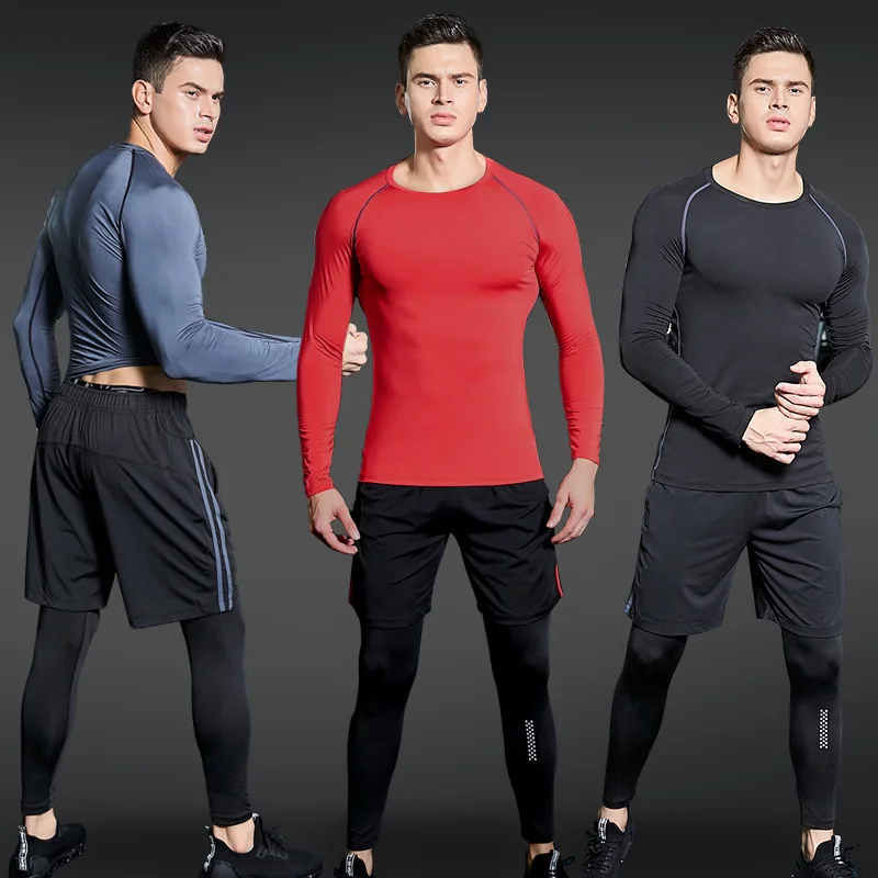 Men Compression rashguard men's multi-functional fitness pants-Long sleeve T-shirt + shorts 3 Piece set Clothing Tops & Tees men