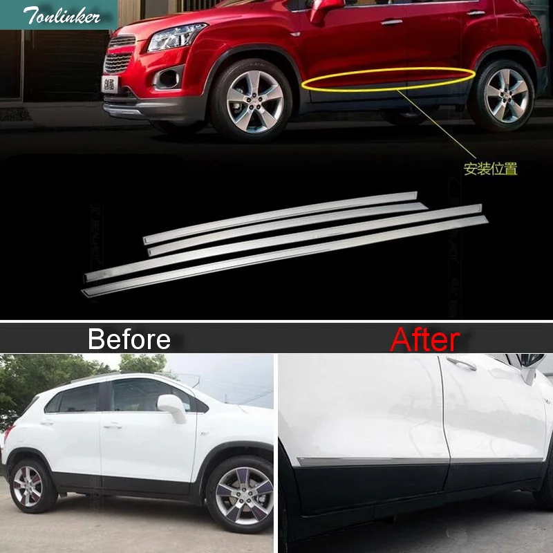 

Tonlinker 4 PCS Car Styling Stainless Steel Body Light Strip with Logo Cover Case stickers for Chevrolet TRAX 2014 Accessories