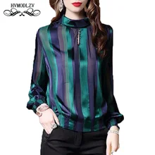Свободные высококачественные женские топы и блузки размера плюс, полосатая рубашка с длинным рукавом, Женская Модная шелковая Повседневная тонкая блуза lj208