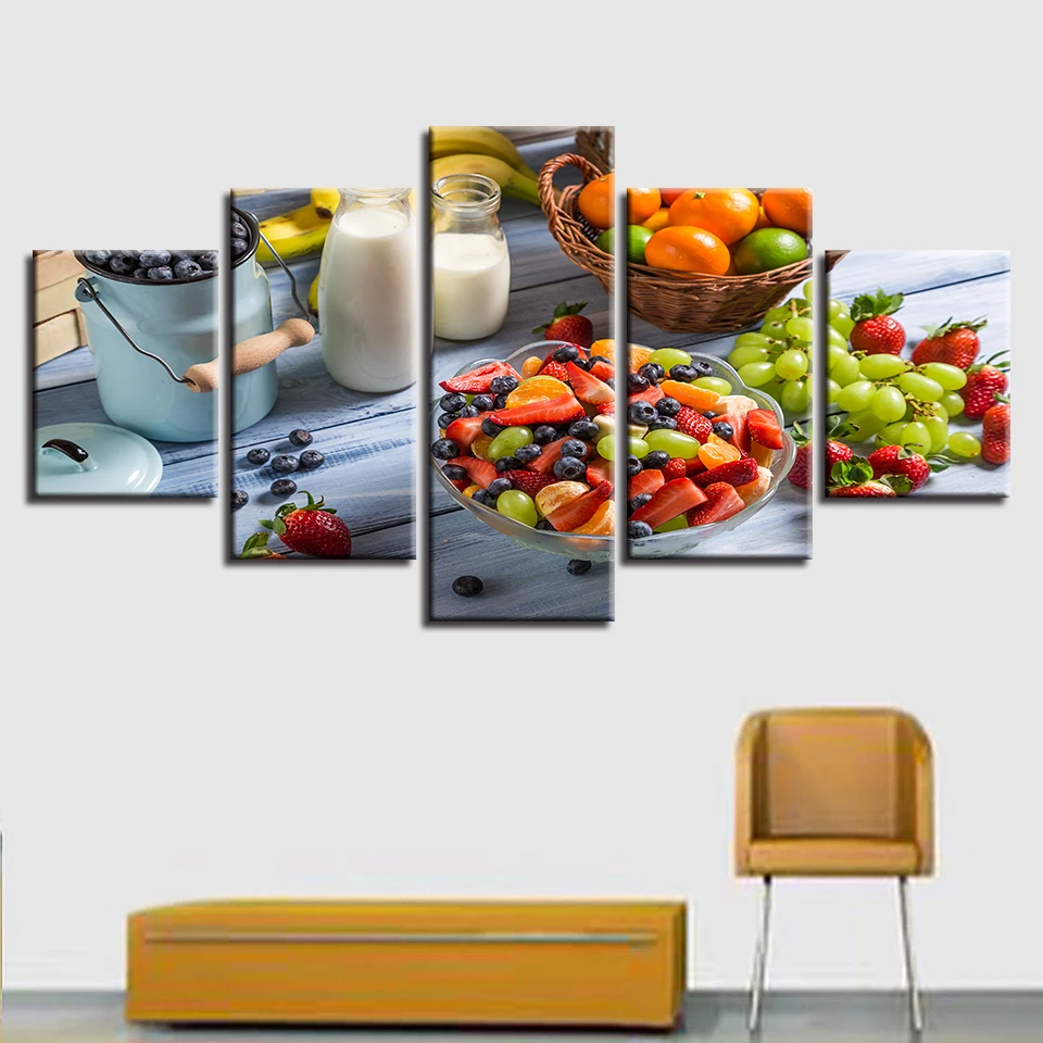 Framed 5 Pieces Fruits Milk Food Wall Art Posters For Kitchen Decor HD