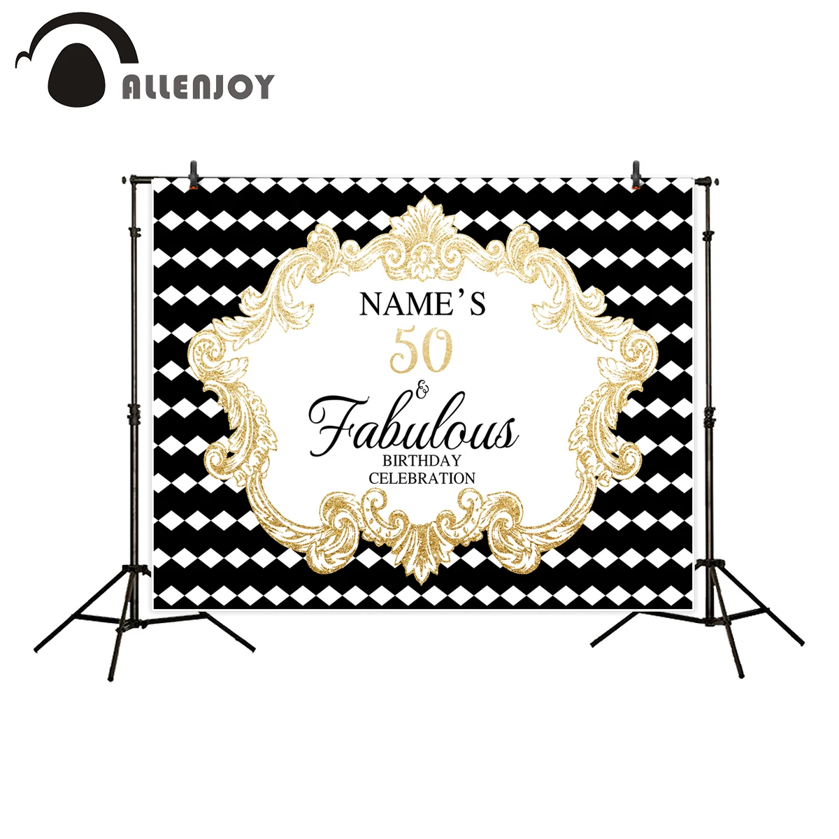 

Allenjoy backgrounds for photography studio White rhombus Pattern golden frame birthday celebration backdrop new photocall