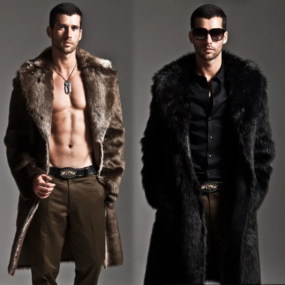 Men Fur Coat Winter Faux Fur Outwear On One Sides Coat Mens Punk Parka Jackets Long Leather Overcoats Genuine Fur Brand Clothing