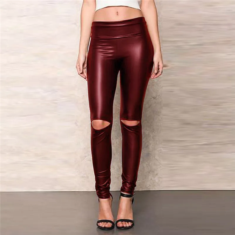Для женщин модные сапоги выше колена с рваные Высокая талия узкие кожаные леггинсы брюки Для женщин узкие женские брюки ДЛЯ ФИТНЕССА Тощий# 25A - Цвет: Red