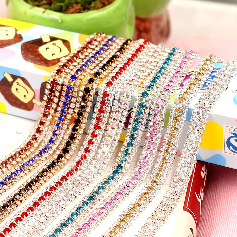 

3mm 1 yard 3 Rows Crystal Rhinestone Cup Chain Silver Base With Claw Dress Decoration Trim Applique For Creative DIY
