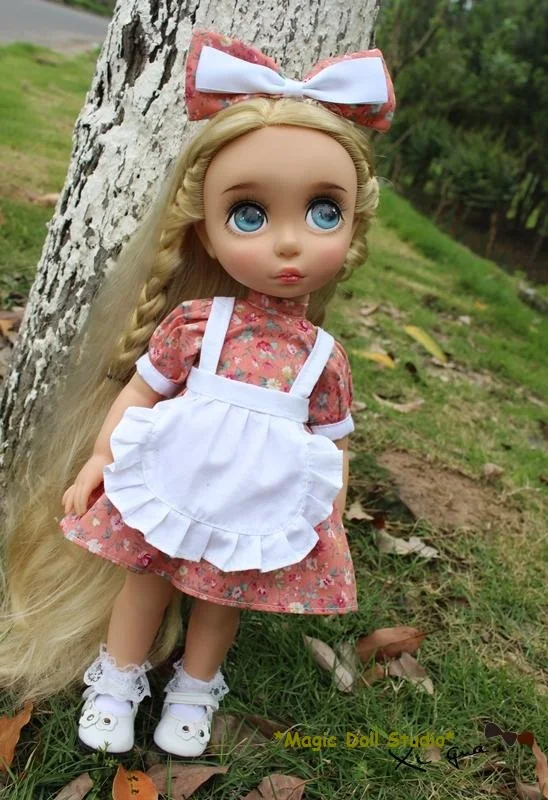 

[DY061]Free Shipping 16" Disyne doll Clothes #Pink with Flower Printed Dress, Apron and Hair Bow Set for 16" girl doll making