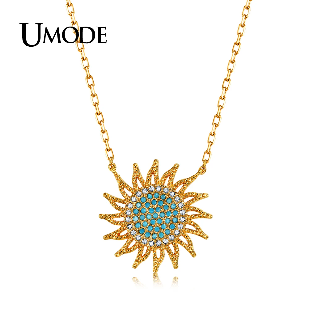 

UMODE Vintage Blue Crystal Charm Sun Long Chain Link Pendant Necklaces for Girlfriend Gold Color Love Christmas Gift AUN0240A