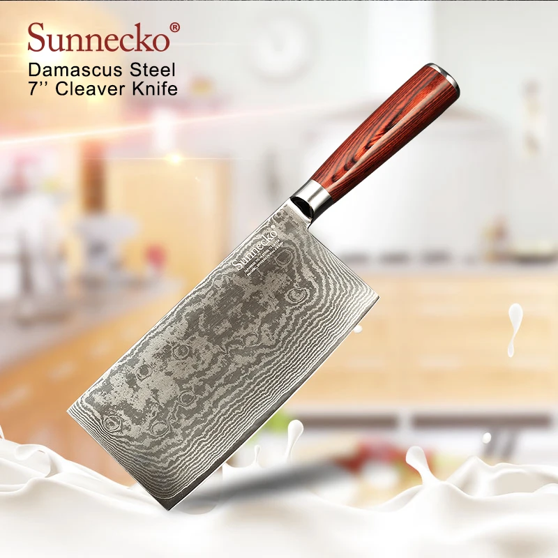 

SUNNECKO 7" Cleaver Knife Damascus Steel Japanese VG10 Core Sharp Blade Kitchen Knives Pakka Wood Handle Meat Vegetable Cutter