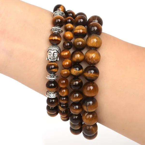 Мода AAA 6 мм 8 мм 10 мм тигровый глаз камень браслеты классические для женщин и мужчин Будда из натурального камня очаровательный браслет из бисера подарки - Окраска металла: 03