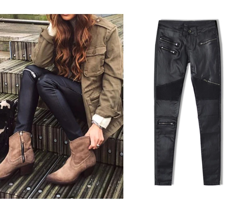 2017 Spring Fashion Women Brand Clothing Sexy Coated Jeans Pants Spliced Faux PU Leather Pants Fitness Lady Long Legging Pants (6)