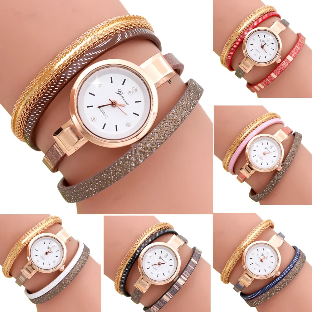 Fashion Wave Point Analog Quartz Watch Women Leather Band Bracelet Wrist Watches Bracelet