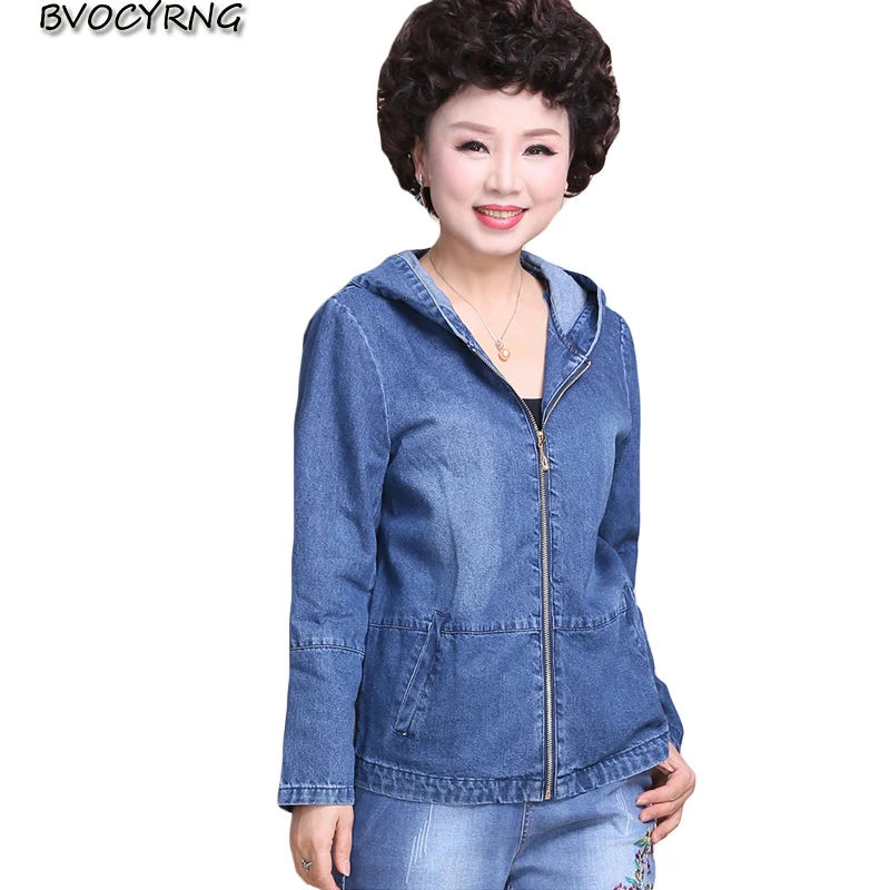 

Middle-aged women spring autumn denim jacket 2019 new high-end fashion hooded jeans coat female plus size clothing Leisure tops